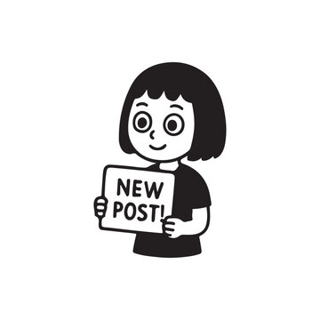 Girl holding new post sign illustration drawing.