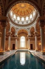 Grand interior of a historic building with a large swimming pool and ornate dome