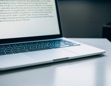 Laptop Computer on Desk Displaying Text Technology, Digital Workspace, Online Content, Modern Office Setup.
