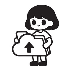 Cute cartoon girl uploading data to cloud storage.