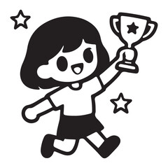 Happy girl celebrating victory with a trophy black and white illustration.