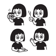Cartoon Girls Activities: Photography Coffee Writing and Waving.