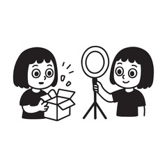 Girl with ring light and box unboxing new equipment.