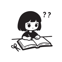 Cute Cartoon Girl Studying with a Confused Expression.