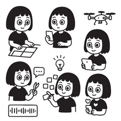 Girl with technology and creative ideas in various activities.