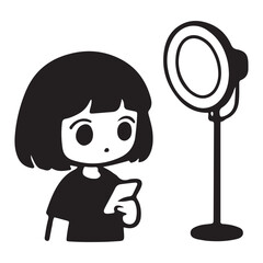 Young girl using a smartphone with a ring light capturing content for social media.