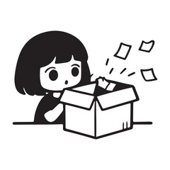 Cute Girl Opening a Cardboard Box with Papers Flying Out.