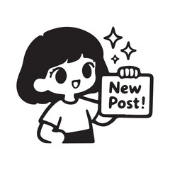Happy girl holding a sign with a new post announcement.