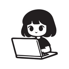 Cute cartoon girl working on a laptop computer.