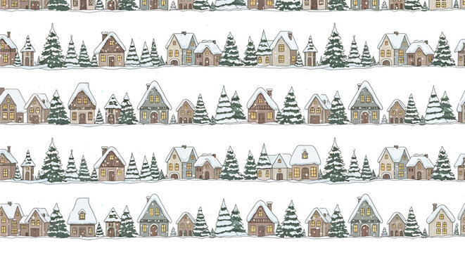 Seamless repeating pattern of a charming winter village with hand-drawn houses and fir trees covered in snow.