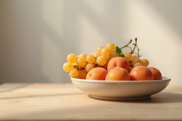 Fresh peaches and grapes in bowl on wooden table with natural light  
