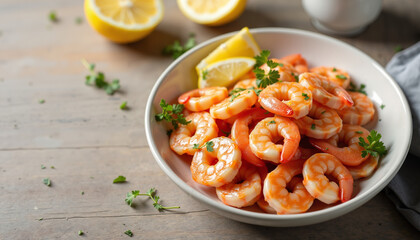 Cooked shrimp served with lemon and parsley in white bowl  