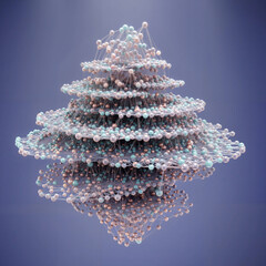 Intricate layered structure, abstract molecular network of spheres and threads, representing nanotechnology, self-assembly, or a complex crystalline lattice. Scientific background.