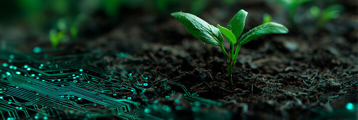 a green plant sprouts from the soil seamlessly merging with circuit board patterns representing the connection between nature and technology in a vision of sustainable digital innovation