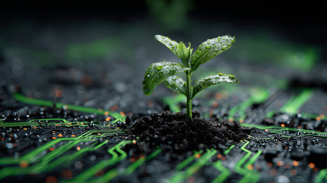a green plant sprouts from the soil seamlessly merging with circuit board patterns representing the connection between nature and technology in a vision of sustainable digital innovation