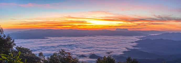 Panoramic fog and cloud mountain valley landscape in thailand.