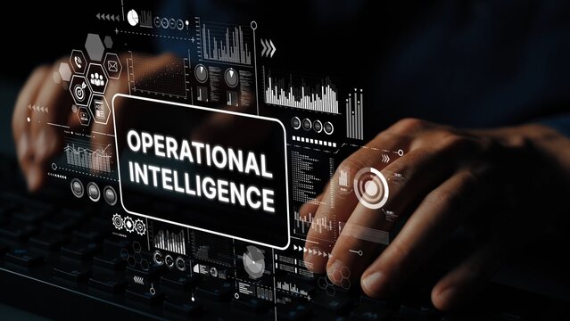 Hands Typing on Keyboard with Operational Intelligence Graphics and Data Visualizations in a Modern Digital Environment. Asymptotic smart data analytic. - Powered by Adobe