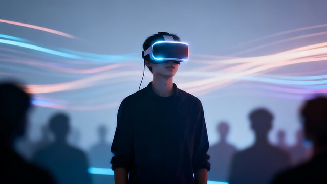 Generative AI exploring virtual worlds with futuristic glowing lights.
