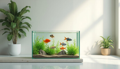 Decorative aquarium with colorful fish and plants in bright room  