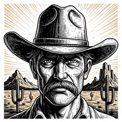Black and White Woodcut Portrait of Rugged Cowboy