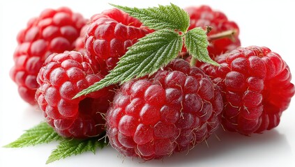 Fresh, ripe red raspberries with vibrant green leaves arranged beautifully on a white background, showcasing their juicy texture and natural appeal for healthy eating concepts