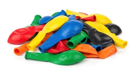 A pile of deflated, colorful balloons in various shades of red, yellow, blue, green, orange, and black, scattered on a white surface.