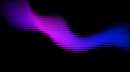 Textured glass blue and purple flowing wavy neon light lines on black background for futuristic, technology, motion, energy design