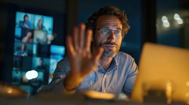 Professional Man Video Conferencing During Virtual Meeting in Office with Multiple Screens - Powered by Adobe