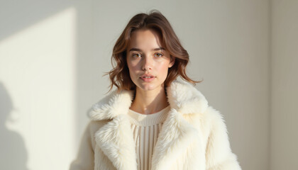 Young woman posing in white faux fur coat with natural light  