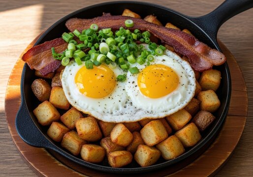 Hearty breakfast skillet with fried eggs, crispy bacon, and seasoned hash browns, garnished with green onions.