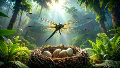 Large Dragonfly Hovering Over Nest with Eggs in Lush Green Rainforest