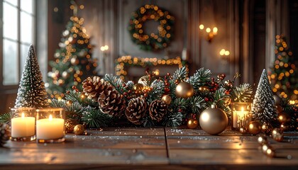 Festive Holiday Still Life with Glowing Candles and Golden Ornaments on Wooden Table Near Christmas Tree and Wreath in