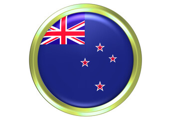 New Zealand National Flag Glossy Round Button Icon with Golden Border on White Background
