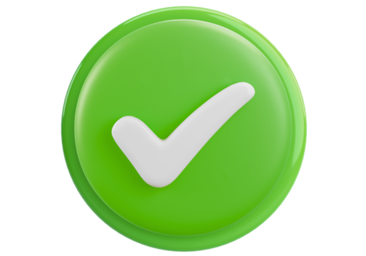 3D Green Check Mark Icon for Success, Approval, and Completion on White Background