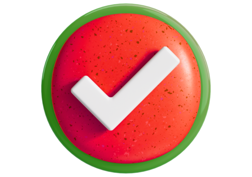 3D Red Checkmark Button Icon with Green Border. Symbol of Success, Approval, Correctness, and Completion.