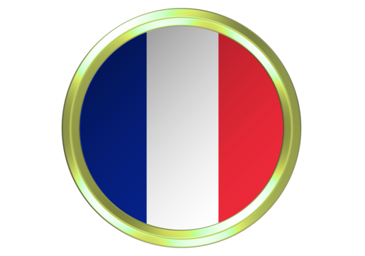 French Flag Golden Button Icon - Round National Symbol with Metallic Frame on White Background - Powered by Adobe