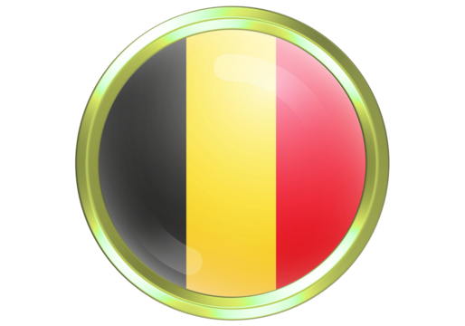 Shiny 3D Belgium Flag Circle Button Icon with Golden Frame on White Background