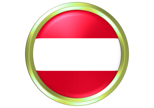 Glossy 3D Austrian National Flag Button Icon with Golden Frame Isolated on White Background