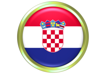 Vibrant 3D Croatian Flag Button with Golden Metallic Frame on White Background