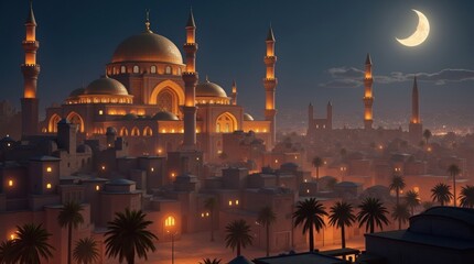 Magnificent illuminated mosque at night under a crescent moon