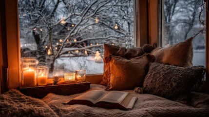 Cozy reading nook with soft pillows and warm candles next to a snowy window scene, creating a relaxing and serene winter atmosphere perfect for escaping into a book