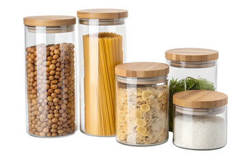 Glass storage jars with wooden lids filled with various dry food ingredients