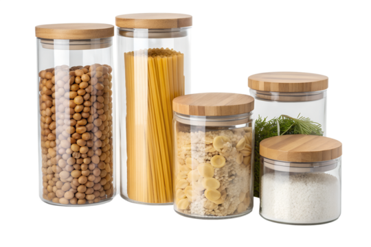 Glass storage jars with wooden lids filled with various dry food ingredients
