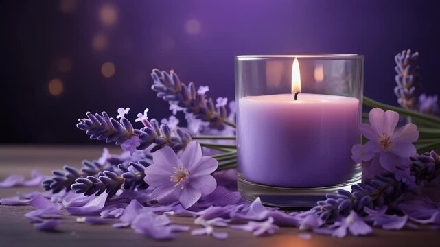 A calming aromatherapy display with a lavender candle, glass holder, and flower petals, captured in soft studio lighting