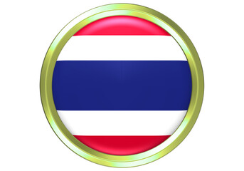 Vibrant 3D Thailand Flag Round Button with Golden Border on White Background