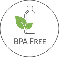 BPA Free vector icon symbol with plastic bottle and green leaves for safe packaging label.