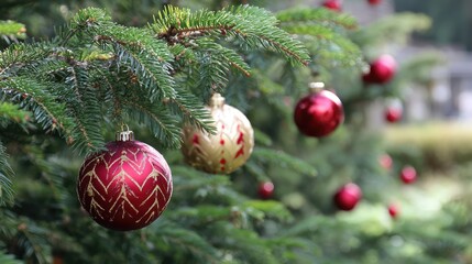 Fototapeta premium Beautifully Decorated Christmas Tree with Red and Gold Ornaments Glimmering Amongst Fresh Evergreen Branches, Creating a Festive Holiday Atmosphere