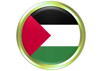 Glossy 3D Round Flag of Palestine Icon with Golden Frame