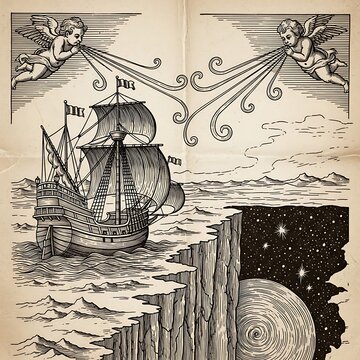 Vintage Sailing Ship with Blowing Wind Cherubs Illustration