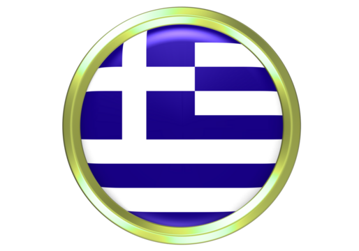 Greek Flag Round Glossy 3D Button with Golden Frame - National Symbol Icon on White Background